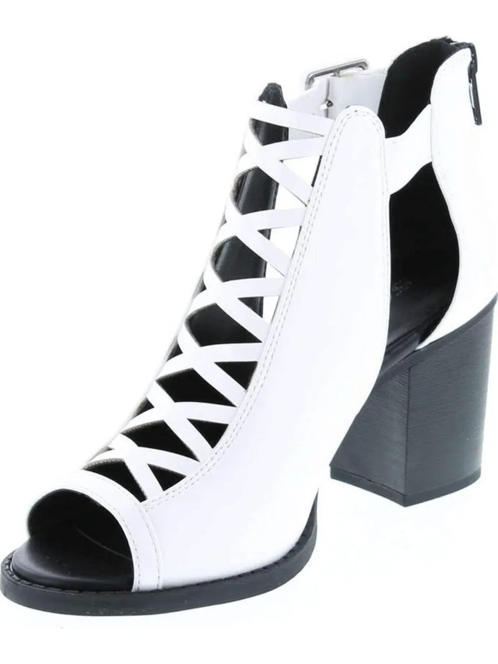 Women's White Pu Leather Open Toe Crisscross Strap Back Zipper High Heel Sandals